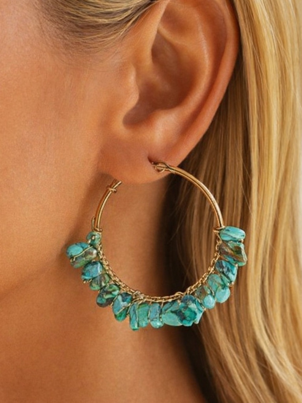 Natural Turquoise Hoop Earrings • Gold Plated Stainless Steel • Boho Chic